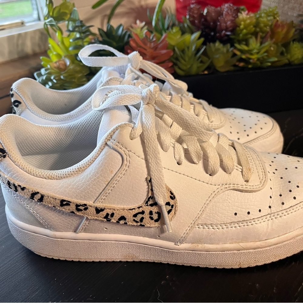 Nike Court Vision White Leopard Swoosh Women’s Sneaker, Size 7.5, Gently Used